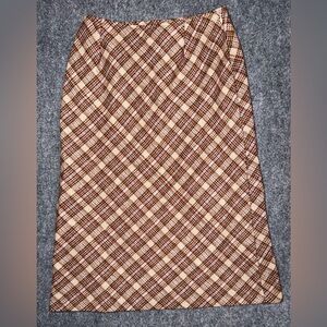 Elegant Checkered Midi Skirt in Cream and Brown wool blend skirt preppy
